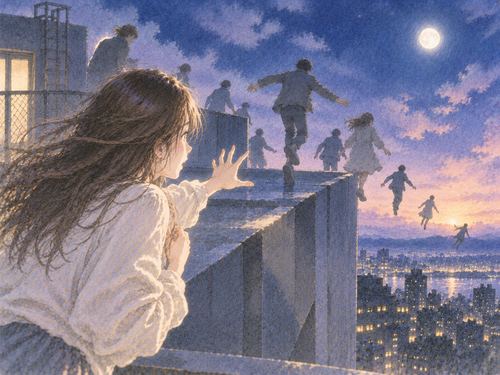 夜の高い場所で複数の人が順に跳び、ひとりだけ立ち止まる人物