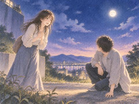 飛び降りた人が無事に立ち、見ていた人物が安心する夜の場面