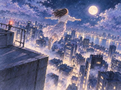 夜のビル屋上から遠くへ跳び出す人物を幻想的に描いた場面