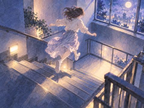 夜の階段で数段を飛び越えるように跳ぶ人物