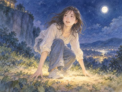 夜の柔らかな地面に両足で無事に着地した人物