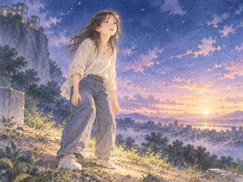 飛び降りたあとも無事に立ち上がる人物と淡い夜明け前の光