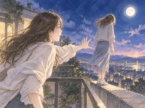 夜の高い場所で飛び出そうとする友達へ手を伸ばす人物