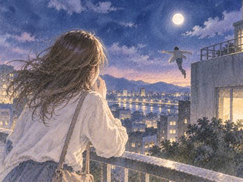 夜の遠景で知らない人物が高い場所から跳び、手前の人物が驚いて見つめる場面