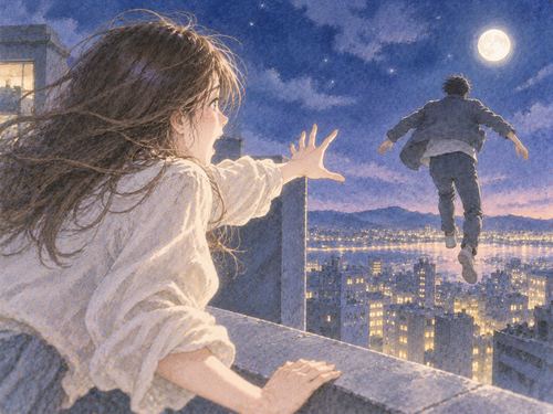 目の前で跳び出す人物に手を伸ばす観察者を描いた夜の夢の場面