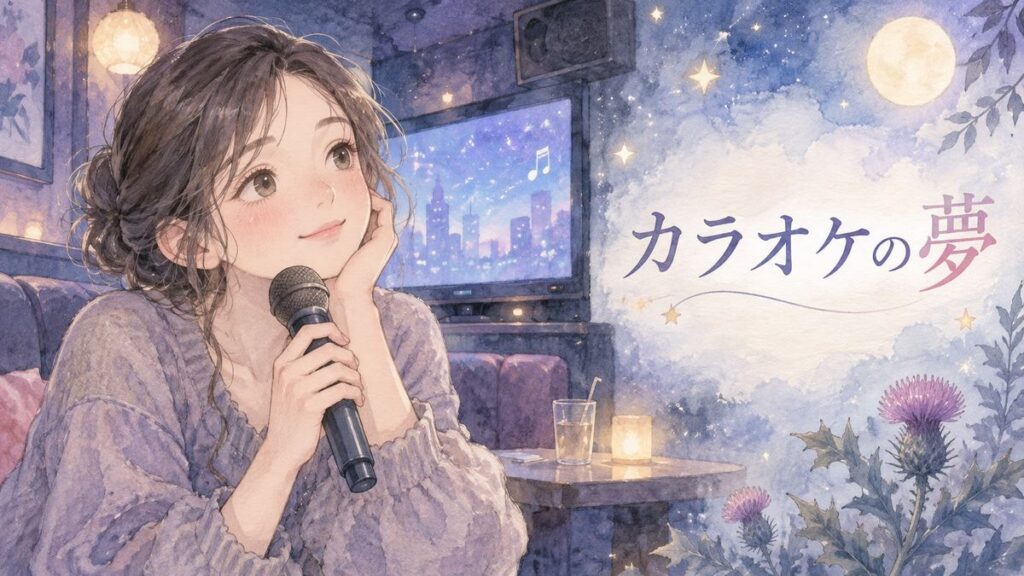 夜のカラオケでマイクを手に夢を思い返す女性