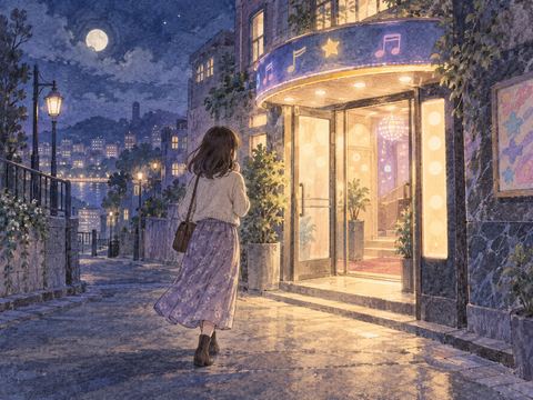 夜の街でカラオケ店の入口へ向かう人物