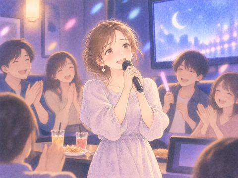 周囲の視線を集めながら歌う女性