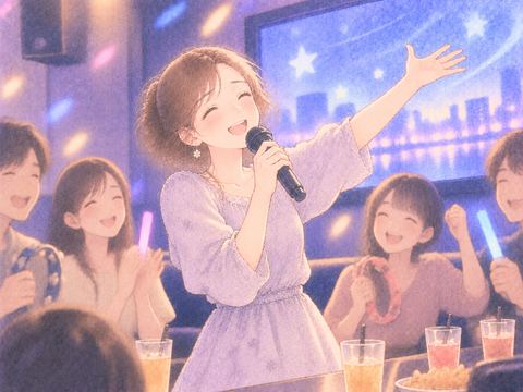 笑顔で歌いながらカラオケを楽しむ女性