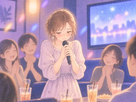 マイクを持ちながら恥ずかしそうに視線を落とす女性