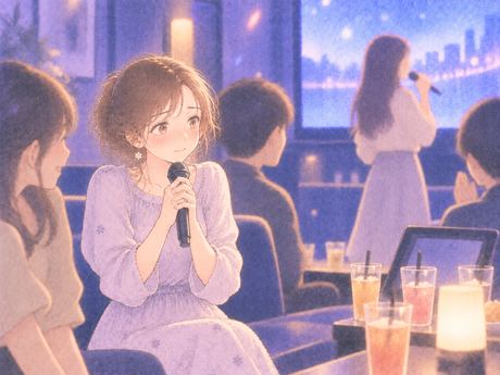 歌う順番を待ちながら緊張する女性