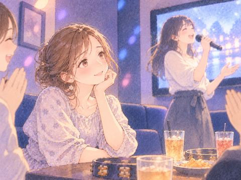 ソファで人の歌を静かに聞いている女性