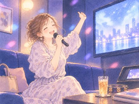 一人のカラオケ室で自由に歌う女性