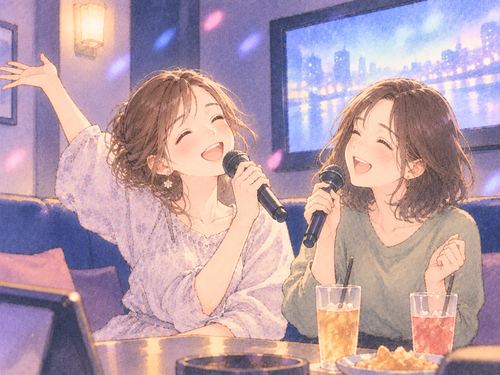 友達と並んで楽しそうにカラオケをする女性