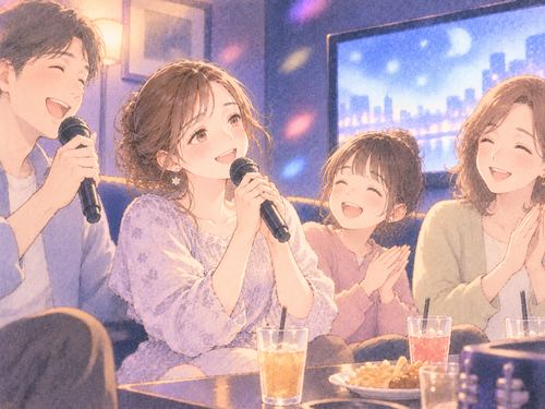 家族とカラオケを楽しみながら少し気を遣う女性