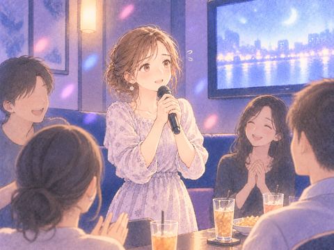 知らない人たちの前でマイクを持つ女性