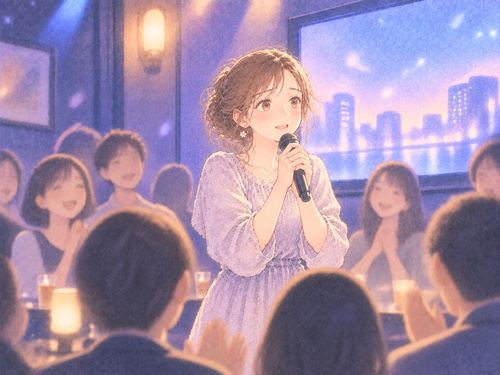 大勢の視線を受けながら歌う女性