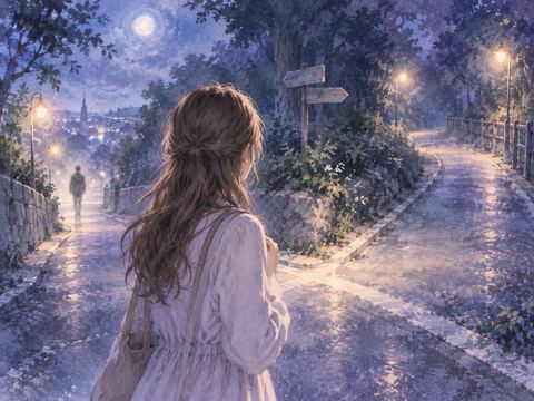 見知らぬ道の先を不安そうに見つめる女性