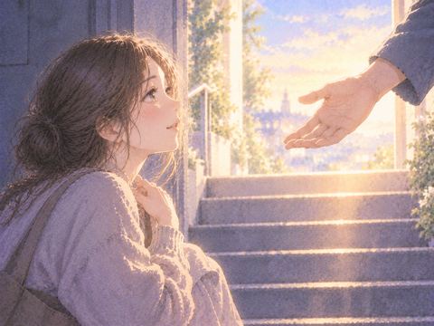明るい出口で差し伸べられた手を見る女性