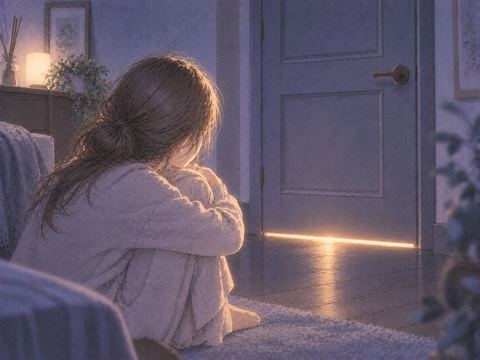 閉じた扉と細い光を見つめる女性
