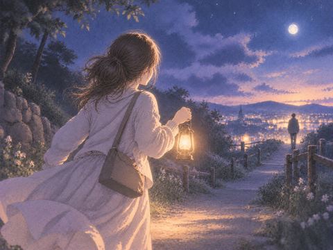 灯りを手に人を探して進む女性