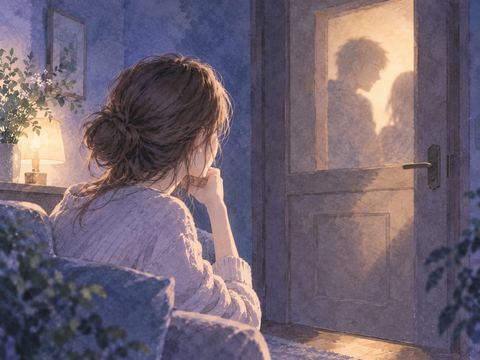 知人の影と閉じた扉を見つめる女性