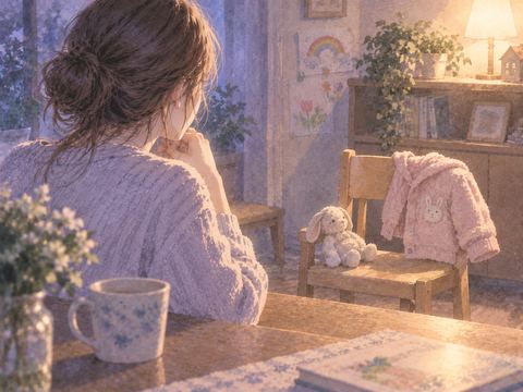子供の空いた椅子を見つめる親の手元