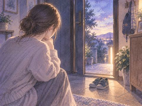 息子の靴を見つめる親と玄関の灯り