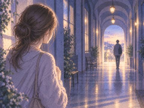 離れた場所にいる恋人を見つめる女性