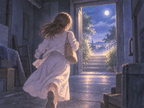 暗い場所から明るい出口へ走る女性
