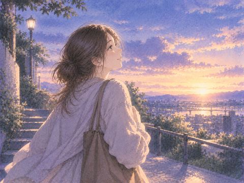 夜明けの開けた場所で安堵する女性