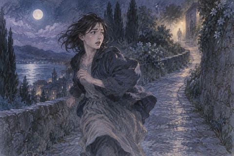 夜道を振り返りながら逃げる人物