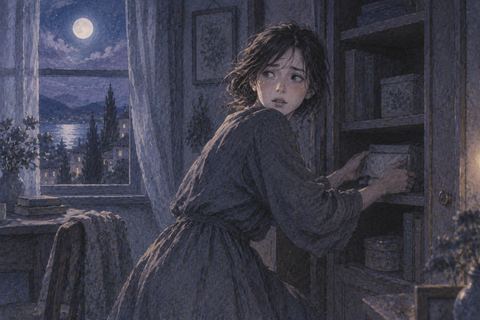 夜の部屋で何かをしまい込み周囲を気にする人物