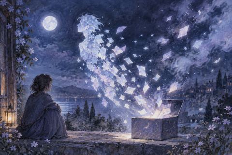 人影の記憶が紙片のように分かれて箱へ消えていく夢の場面