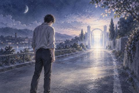 夜明け前の道で立ち止まり光を受ける人物