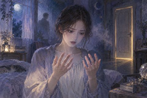 夜の夢の中で自分の手を見つめて怯える人物
