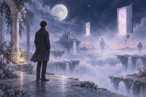 非現実的な夢の光景を無表情で見つめる人物