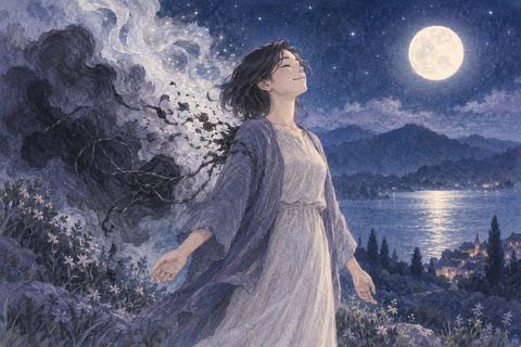 重い影が消えて夜風の中で肩の力を抜く人物