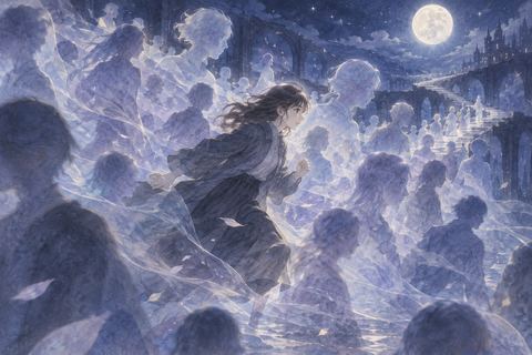 多数の人影に囲まれながら夢の中を進む一人の人物