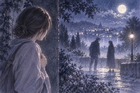 離れた場所で二人の人影を不安そうに見つめる人物