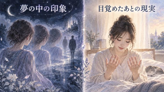 繰り返す夢の人影と目覚めて自分の手を見る人物を分けた図