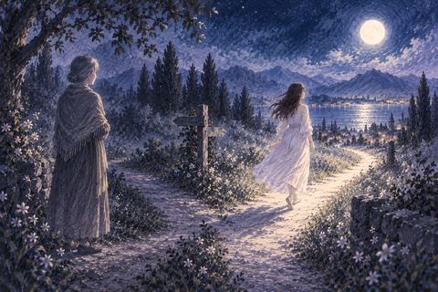 夜の分かれ道で親の人影から少し離れて立つ大人の人物