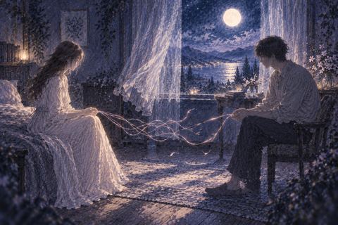 夜の部屋で距離を置いて向き合う二人の大人