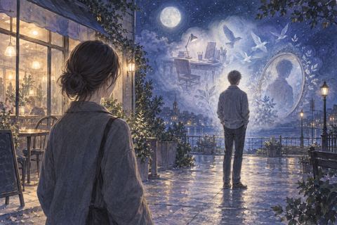 知人の人影とその背後の複数の印象を見つめる人物