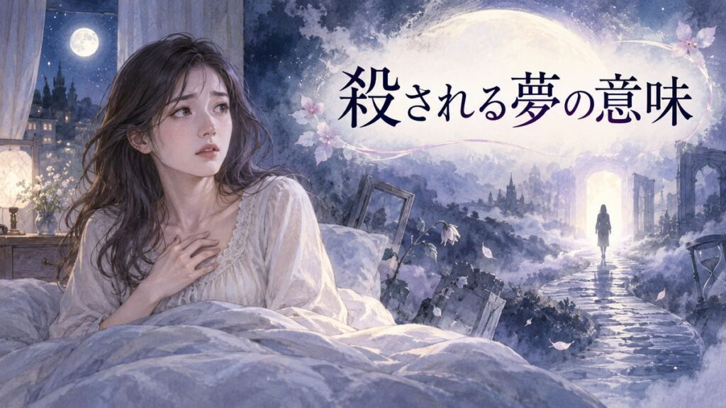 夜に目覚めた大人の女性と、遠くに揺らぐ人物の影や夢の断片