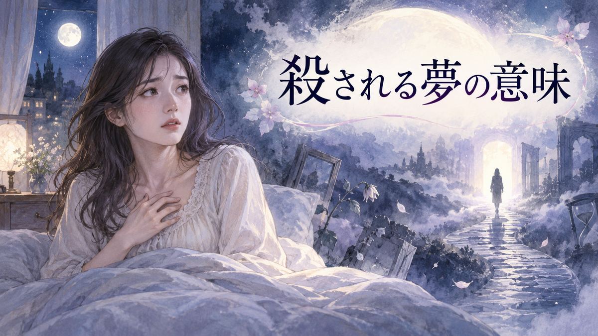 夜に目覚めた大人の女性と、遠くに揺らぐ人物の影や夢の断片