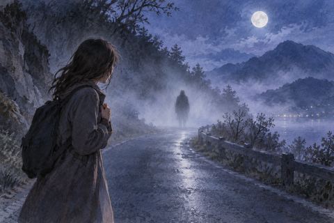 夜道で正体の分からない人影を前に立ち尽くす人物