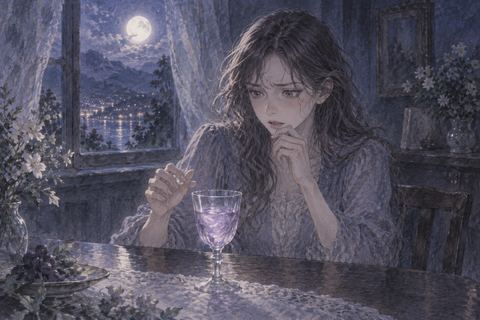 夜のテーブルで飲み物を見つめ不安そうにする人物