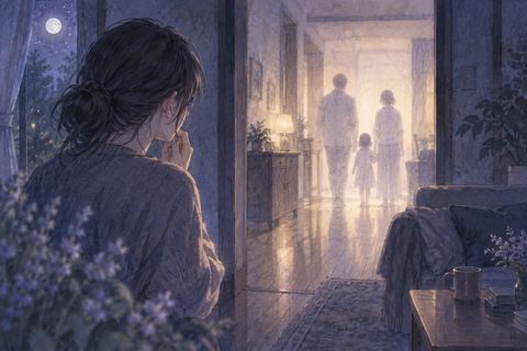 夜の家で家族の姿が淡く遠ざかるのを見つめる人物