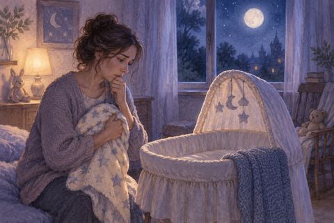夜の部屋で空になった小さな揺りかごを見つめる人物